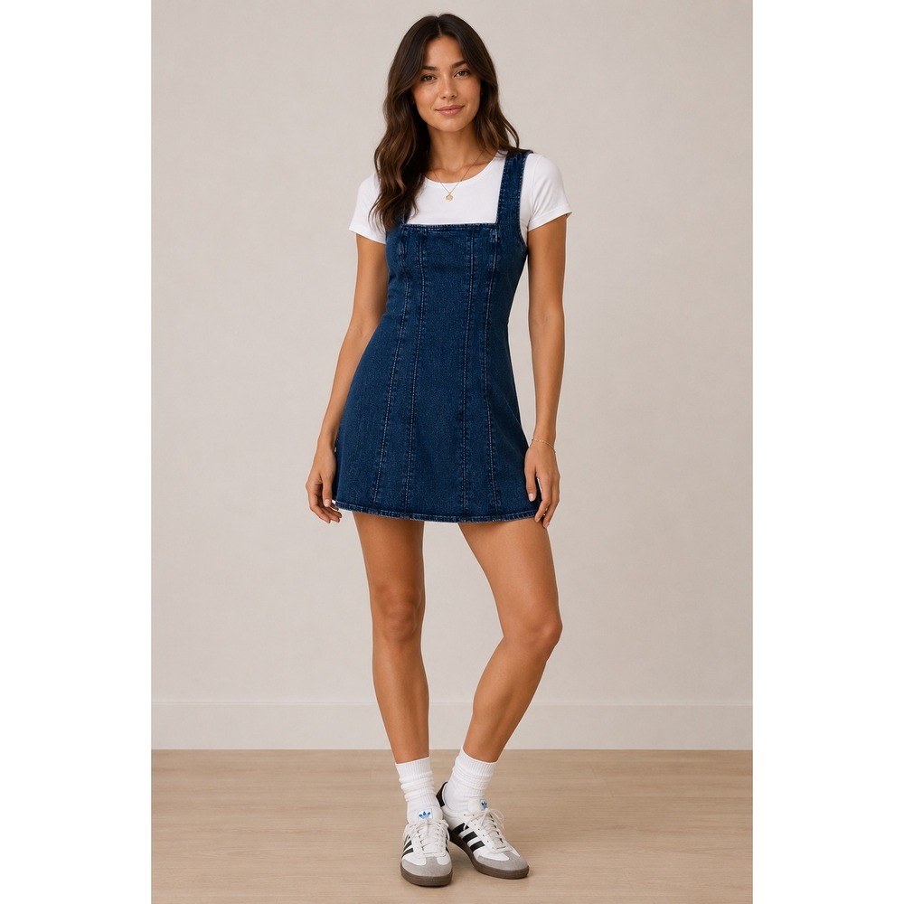 Abercrombie & Fitch Mila Denim Mini Dress Small Tall Square Neck Seamed Cotton